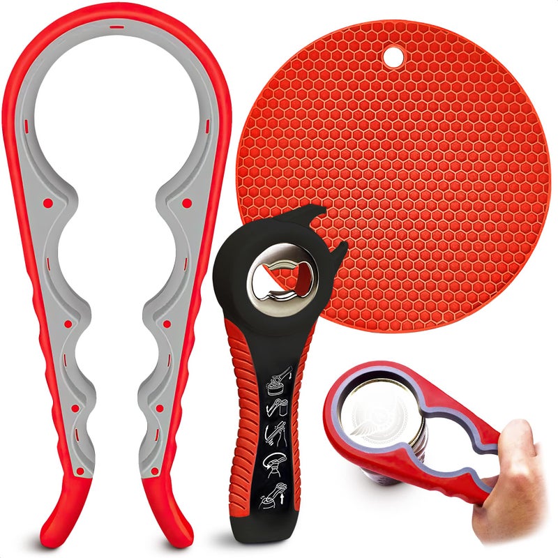 VIKROM 3 Pcs Rubber Jar Opener Grippers Tools for Seniors - Rubber Jar Opener Gripper Pad & 2 Openers for Seniors with Weak Hands, Ergonomic Handle, Easy to Use, Fits Up to 2.7 Inch Caps, Valentines Day Gift - Image 1